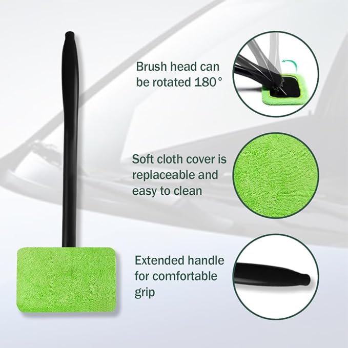 Windshield Cleaner, Window Cleaner Tool, Microfiber Window Cleaning Tool with 4 Washable and Reusable Cloth Pad Head & Extended Handle, Car Accessories for windshield Cleaning