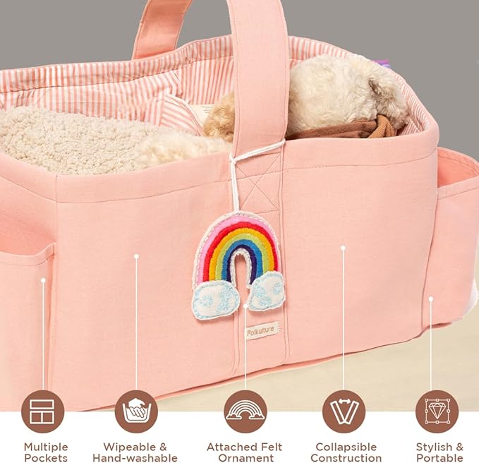 Folkulture Baby Diaper Caddy | Cotton Diaper Bag for Kids - Stylish Comfort Spacious Travel Essential Cart | Nursery Storage Bin and Car Organizer for Diapers, Wipes - (Powder Pink -15")