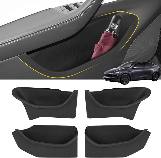 4PCS Door Side Organizer Compatible with Tesla Model Y Juniper 2025 2026 Accessories, Front & Rear Door Pocket Storage Box Tray Full-Cover Anti-Slip TPE Door Pocket Liner Black