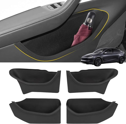 4PCS Door Side Organizer Compatible with Tesla Model Y Juniper 2025 2026 Accessories, Front & Rear Door Pocket Storage Box Tray Full-Cover Anti-Slip TPE Door Pocket Liner Black