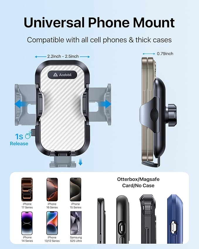andobil Car Phone Holder Mount (Bumpy Roads Friendly) Military-Grade Phone Holders for Your Car Dashboard Windshield Air Vent Cell Phone Car Mount for iPhone 16 Pro Max 15 14 13, Samsung Silver