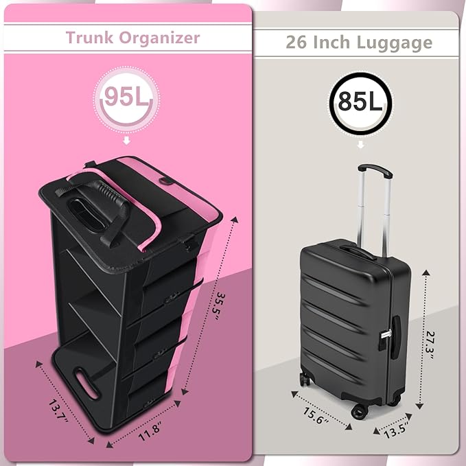 Trunk Organizer for Car, 95L Large Capacity Trunk Storage with Non-Slip Bottom Strips, Cargo Organizer for Suv, Truck, Sedan, Waterproof Portable Car Organizers for Women Men(Pink)