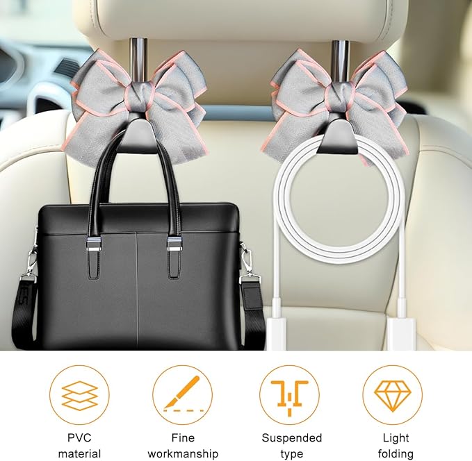 Cute Bow Car Seat Headrest Hooks, 2PCS Multifunctional Vehicle Rear Seat Hanging Hooks, Automotive Interior Seatback Storage Organizer for Purses Bag, Universal for SUV Sedan Truck (Gray Line)