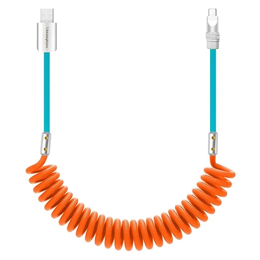 chubbycable Curly Chubby 120W Coiled USB C Cable Retractable Fast Charging Cable for Car Charger Cord Compatible with iPhone 17-15 Series, Orange+Light Blue, USB-A to Type-C, 2.29FT-3.6FT