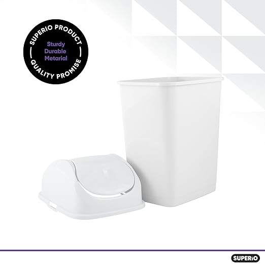 Superio Small 2.5 Gallon Plastic Trash Can with Swing Top Lid, Compact Slim Waste Bin for Under Desk, Office, Bedroom, Bathroom, Dorm Room, 10 Qt. Portable Garbage Can (White)