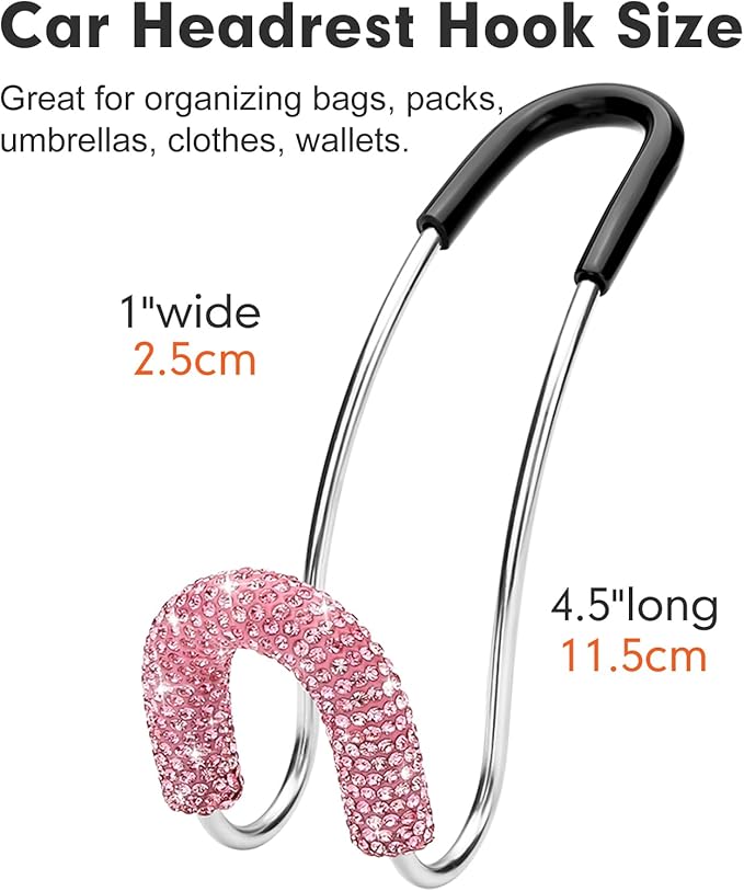 Soleebee 2 Pack Bling Car Headrest Hooks Crystal Rhinestones Universal Car Seat Hook Auto Hook Durable Car Back Seat Hangers Storage Organizer (Pink)