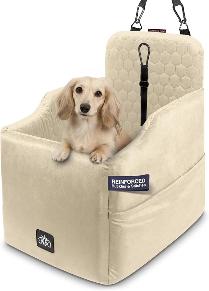 Dog Car Seat for Small Dogs, Dachshund Car Seat Booster Bed for Small Breeds – Non-Slip Base, Adjustable Straps, Washable Cover (Small Size Cream)