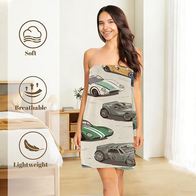 Towel Wrap for Women, Wearable Towel Dress Spa bathrobe with Adjustable Closure(Cute Cartoon Cars Pattern)