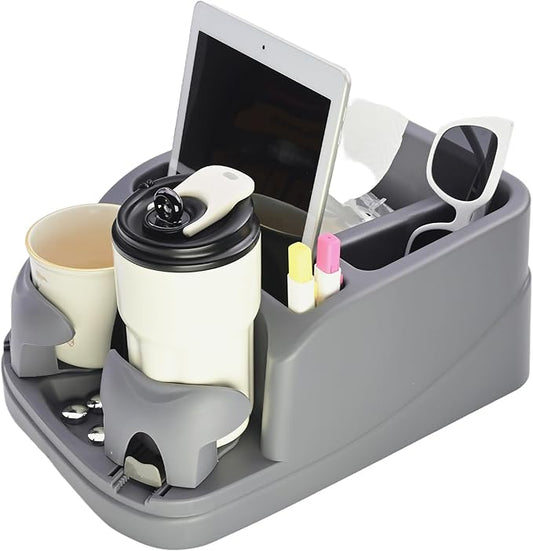 Car Console Organizer, Car Seat Organizer with 2 Adjustable Cup Holders, Center Console for Cars, Trucks, Minivans, SUVs, Vehicle Organizer, 3 Large Storage Compartment (Gray)