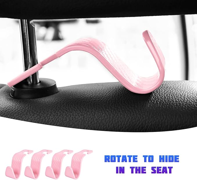 Car Seat Headrest Hooks, 4PCS Carbon Fiber Vehicle Back Seat Storage Hanger Holder for Hangbag Coat Grocery, Automotive Interior Headrest Hook Organizer, Universal for Vehicles (Pink)