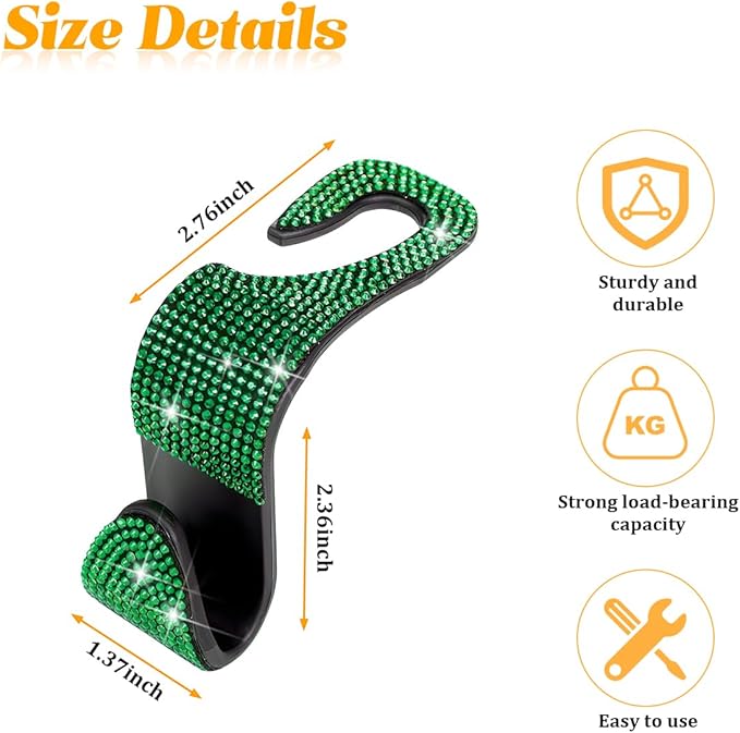 4PCS Bling Car Seat Headrest Hooks, Crystal Rhinestone Vehicle Purse Handbag Coat Hangers Holder, Automotive Interior Storage Organizer Accessories for Women Girls, Universal Fit (Green)