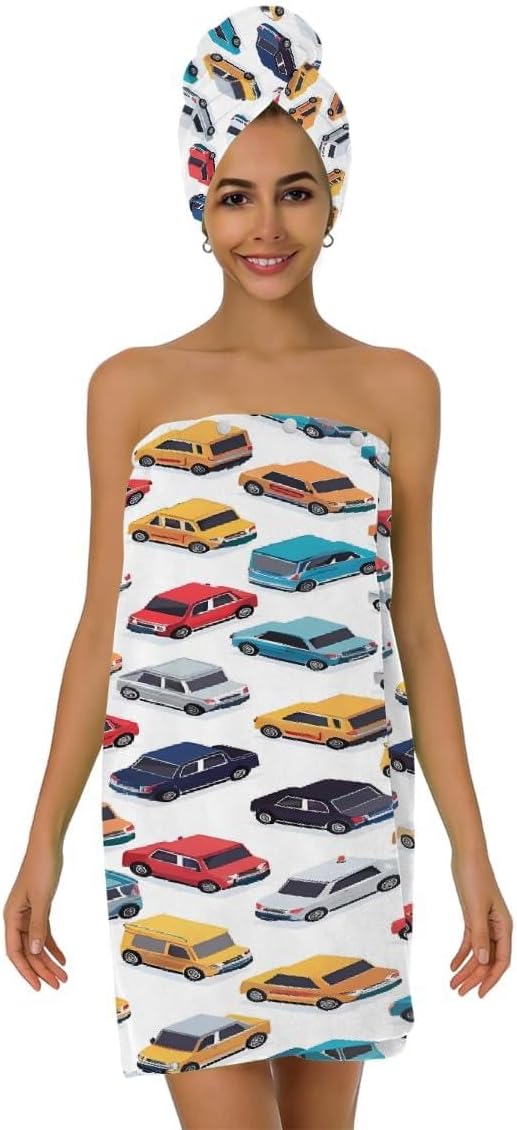 Women Bath Wrap Hair Towel Drying Cap Set Colorful Cars Pattern Print Soft Absorbent Bathrobe Shower Wraps with Adjustable Closure Spa Bath Robe