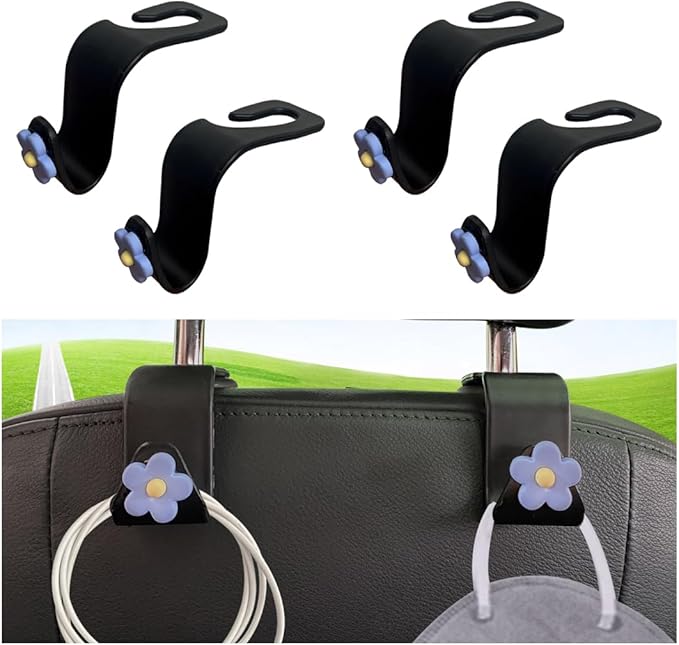 BESULEN Car Seat Headrest Hook, 4PCS Vehicle Seatback Organizer Hanger, Auto Seat Back Storage Hook for Grocery Bag Purse Handbag Umbrella, Universal Interior Accessories for Most Cars (Blue)