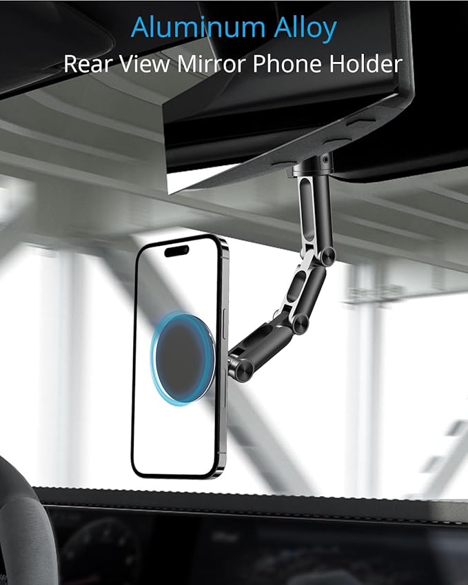 Quyee Magnetic Phone Holder for Your Car, for Magsafe Rear View Mirror Phone Holder - Aluminum Alloy Mount Multi-Angle Adjustment Rotatable and Retractable Compatible with All iPhone and Android