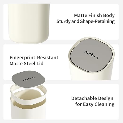 MRBIN Desk Mini Trash Can, 0.4 Gallon Table Top Plastic Waste Basket with Stainless Steel Lid, Small Garbage Bin for Car, Bedroom, Coffee Bar, Vanity Countertop, White