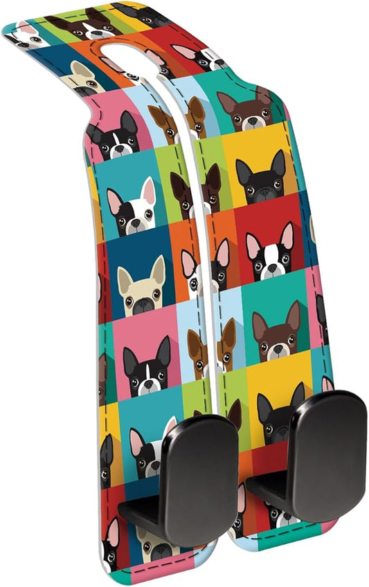 Car Seat Back Storage Headrest Hook, Premium Leather Double Metal Hook, Hanger Storage Organizer for Purse Cloth Bag, Car Interior Accessories Colorful Cute Dogs