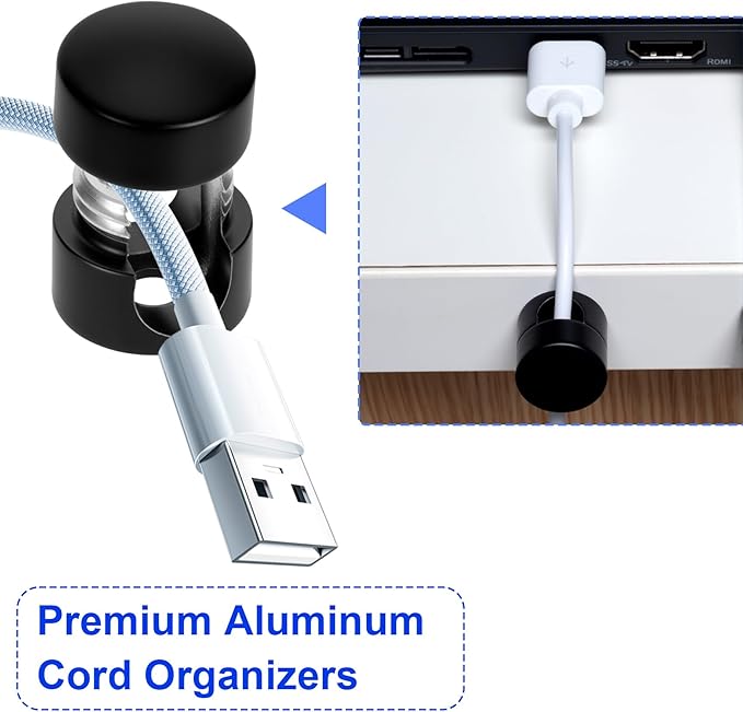 SmallCat 8 Sets Charger Holders for Cords, Matte Black Color Adjustable Cable Anchor Holders, Adhesive Metal Cord Clips, Cable Management Wire Organizers for Desk, Office, Nightstand