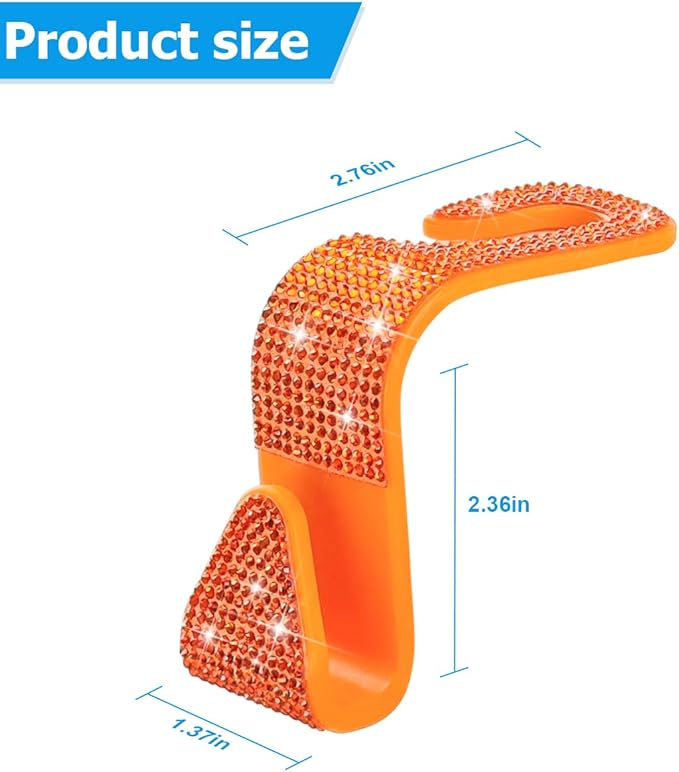 Zpana 4PCS Bling Car Seat Headrest Hooks, Vehicle Back Seat Purse Handbag Hanging Holder with Crystal Rhinestone, Diamond Storage Organizer Hook, Universal Automotive Accessories (Orange)