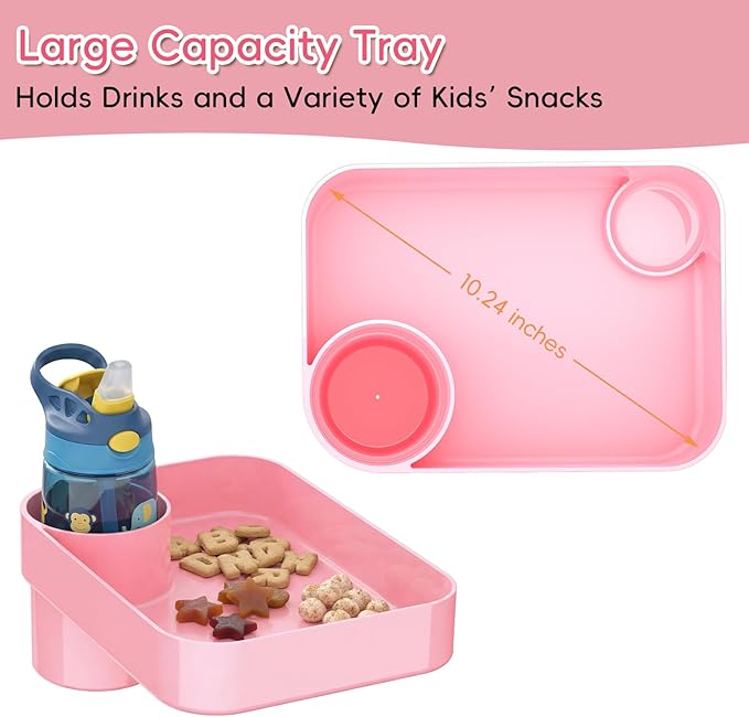 Kids Car Seat Tray, Travel Tray with Cup Holder for Toddler Baby, Kids Car Seat Food Snack Organizer for Road Trip, Stroller Snack Organizer Travel Must Haves Toddler Must Haves (Pink, 1 Pack)