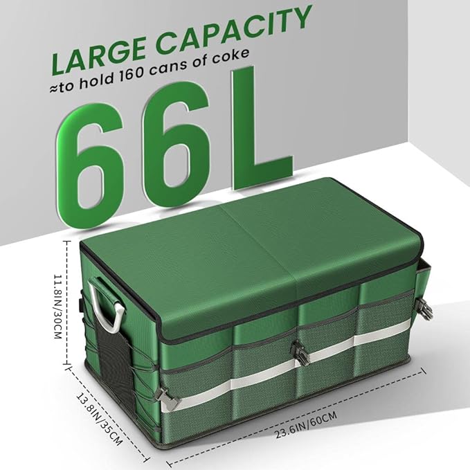 Car Trunk Organizer, Car Storage Organizer with Waterproof Bag Collapsible Multi Compartment Organizer for Car, Suv, Sedan, Truck, Aluminium Handle (Green, Large 66L)