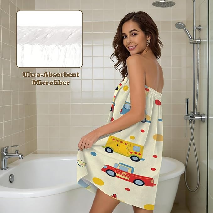 Women's Bath Wrap Colorful Cars Bus Polka Dot Absorbent Shower Spa Body Bath Robe Wraps Bathrobe Towel with Adjustable Closure