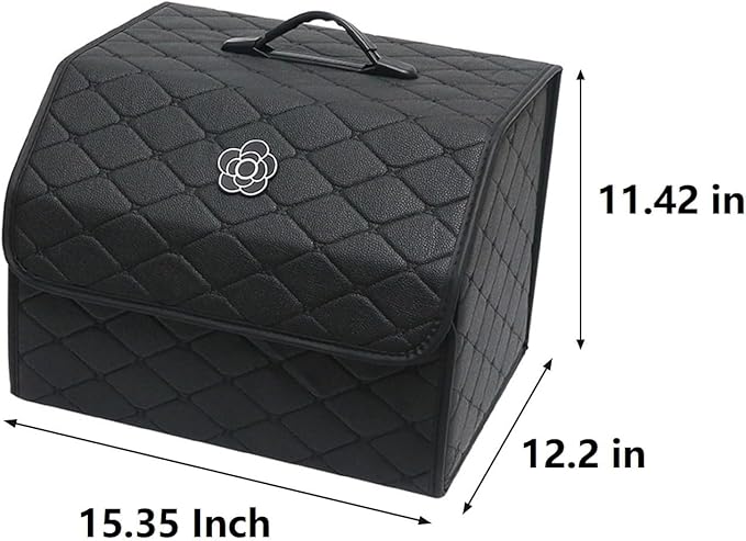 Tissting Car Storage Box, 15.35 x 12.2 x 11.42 inch PU Leather Trunk Suv Organizer with Lid, Black Garage Cargo Organizer for Camping Picnic Shopping