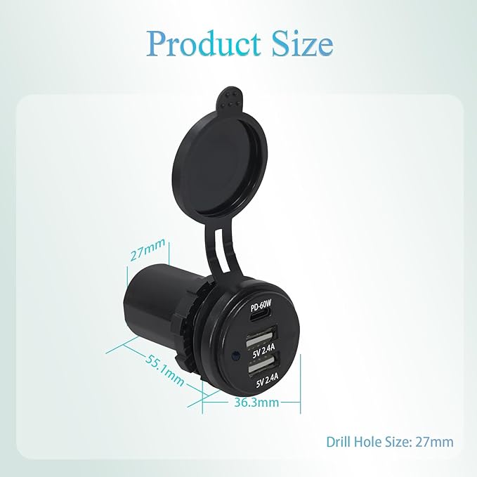 3-Port 60W PD Dual 2.4A USB 12V Charging Socket Splash Resistant for Jeep Pickup SUV Camper Van Boat