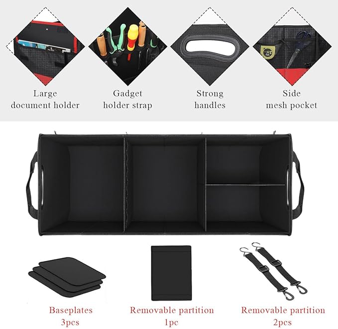 Large Organizer for Car, 95L Stretchable Storage Trunk Organizer with Divided Compartments, Fixed Big Trunk Organizer with Handles & Adjustable Straps, Car Accessories (Black & Red)