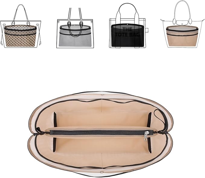 ZTUJO Purse Organizer Insert For Handbags,Mesh Bag Organizer Insert With Zipper Bag Tote Shaper Fit Speedy Neverful PM MM le Pliage,Light Weight (Beige, Medium)