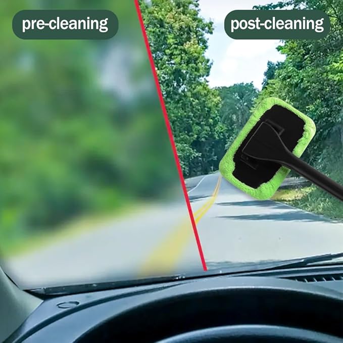 Windshield Cleaner, Window Cleaner Tool, Microfiber Window Cleaning Tool with 4 Washable and Reusable Cloth Pad Head & Extended Handle, Car Accessories for windshield Cleaning