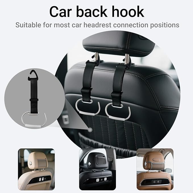 6Pcs Car Purse Hooks, Adjustable Leather Headrest Hooks for Car, Seat Back Organizer for Bags Purses (Black)