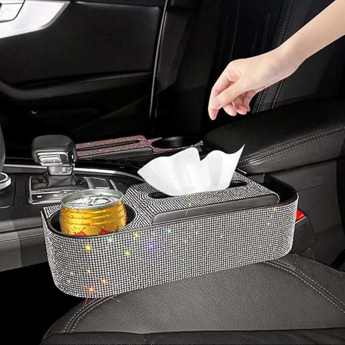 Bling Car Seat Gap Filler, Crystal Rhinestones Tissue Box Multifunctional Car Gap Organizer with Cup Holder, Bling Napkin Paper Dispenser Storage Case Car Interior Seat Gap Accessories