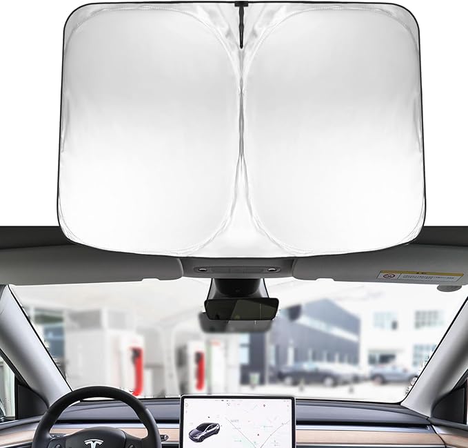 2026 Windshield Sun Shade for Tesla Model Y & Model 3 Lightweight Easy Foldable Car Windshield Sunshade - Sunlight and Dashboard Protection Accessories (Silver)