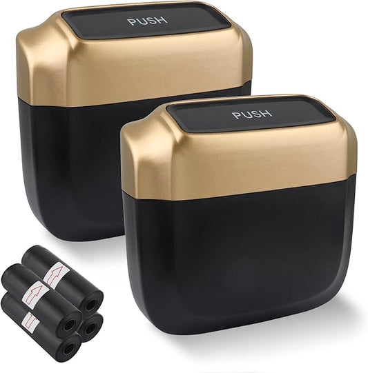 IHOTDER 2PCS Car Trash Can with Lid + 60PCS Garbage Bag,Mini Trash Can Car Interior Accessories,Multifunctional ABS Car Organizers and Storage (Gold)
