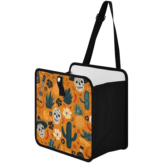 Car Trash Can Organizer Bin with Adjustable Strap for Back Front Seat Console Waterproof Leakproof Collapsible Portable 8.66 Inch Orange Day Of The Dead Skull Cacti