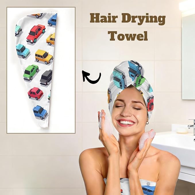 Women Bath Wrap Hair Towel Drying Cap Set Colorful Cars Pattern Soft Absorbent Bathrobe Shower Wraps with Adjustable Closure Spa Bath Robe
