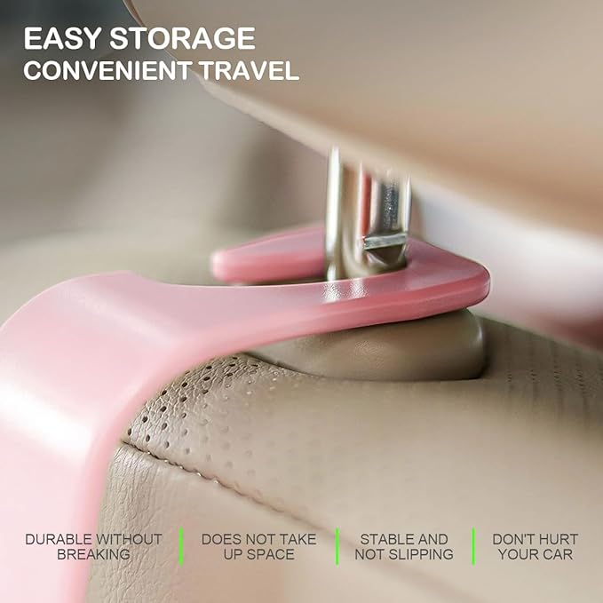 Osilly Car Seat Headrest Hook, 4 Pack Auto Seat Hanger Storage Organizer for Purse Handbag Coats Bags, Universal Car Interior Accessories, Vehicle Plastic Hanging Hook (Light Pink)