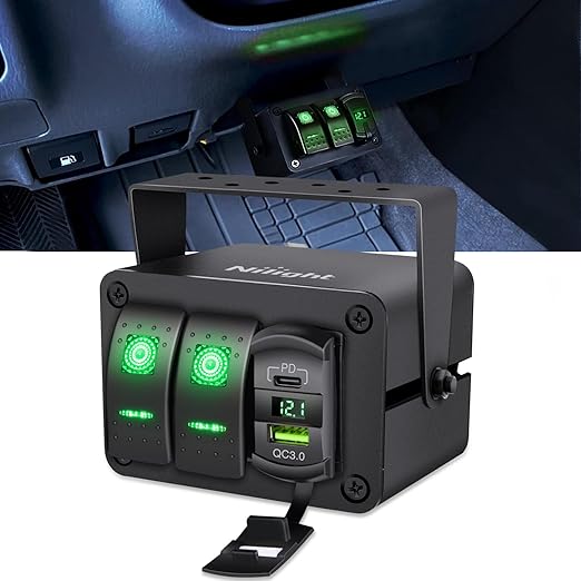 Nilight 2 Gang Rocker Switch Box 12V SPST ON Off Toggle Switches PD Type C and QC 3.0 USB Charger Voltmeter LED Light Waterproof Aluminum Mount Bracket Panel DIY Stickers for Boat Car RV Truck