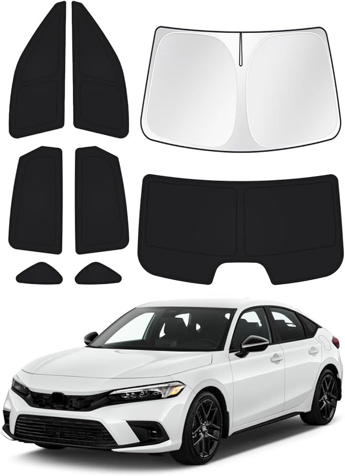 Canvcle Windshield Sun Shade for 11th Gen Honda Civic 2022-2025 2026 (NOT for Hatchback) Side Rear Window Shade Cover Kit Full Window Sun Visor Shield Camping Keep Vehicle Cool Black 8PCS