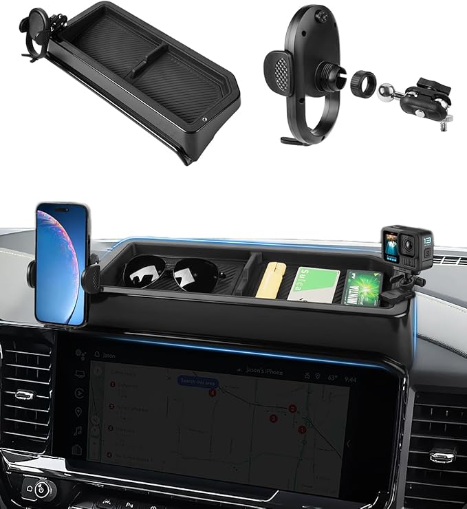 Autorder Car Phone Holder for 2022-2026 Chevy Chevrolet Silverado/GMC Sierra 1500 Accessories Center Console Dash Organizer with 2 Expansion Ports Hands-Free 360 Degree Rotation Phone Mount