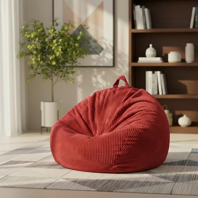 ZhenLives Stuffed Animal Storage Bean Bag Chair Cover, Cover Only (No Filler), Corduroy Toy Organizer Floor Cushion Seat, 48 in/120 cm Slipcover for Teens & Adults, Red