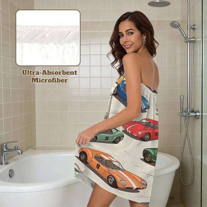 Towel Wrap for Women, Wearable Towel Dress Spa bathrobe with Adjustable Closure(Cute Cartoon Cars Pattern)