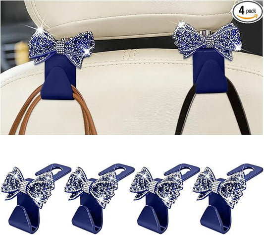 Zpana Bling Car Headreat Hook, 2PCS Crystal Rhinestone Cute Bow Vehicle Seat Back Hanger Storage for Purses Bags Grocery, Diamond Auto Rear Seat Organizer, Universal for SUV Truck Sedan (Blue)