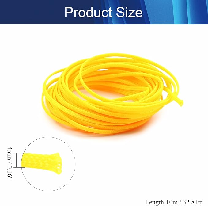 Aicosineg 32.81ft PET Flexible Braided Cable Sleeve 0.16inch Width Wire Loom Sleeving and Organizer Flexible Wire Mesh Sleeve Wrap Protector for TV Audio PC Cords from Pets Chewing Yellow