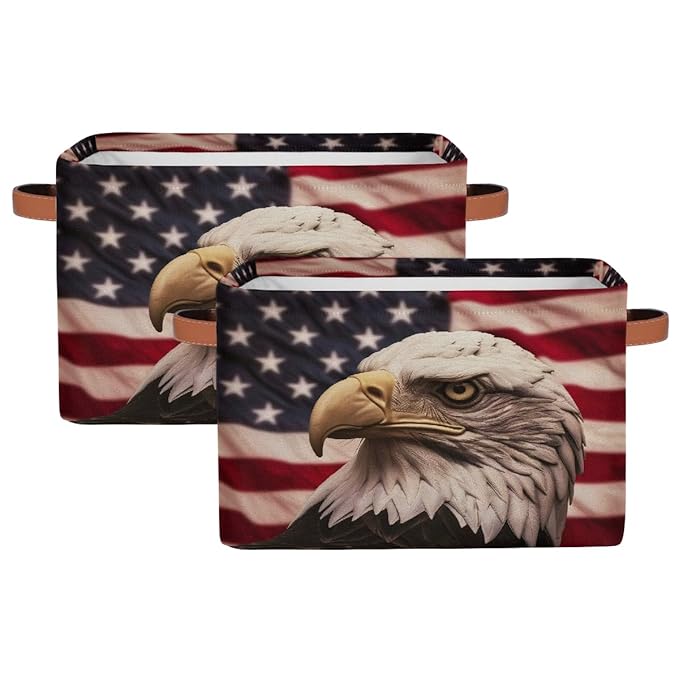Retro American Flag Storage Baskets for Organizing, Fabric Collapsible Storage Bins Box Bald Eagle Decorative Toy Organizer Baskets for Closet Shelves Gift Basket 2Pcs