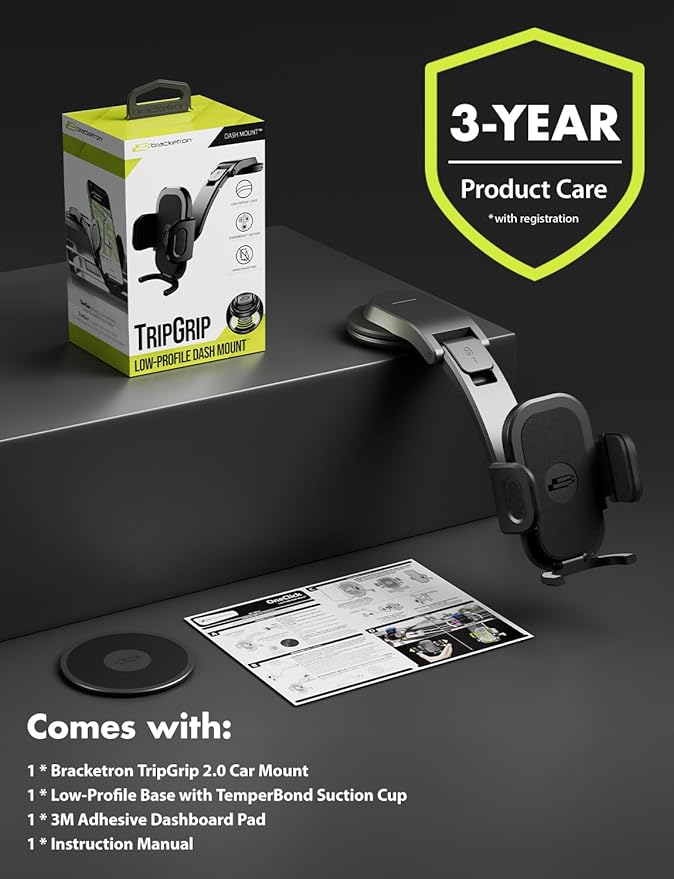 Bracketron TripGrip Low-Profile Dashboard Car Phone Holder Mount, One-Click Expandable Phone Holders for Your Car for All Smartphones