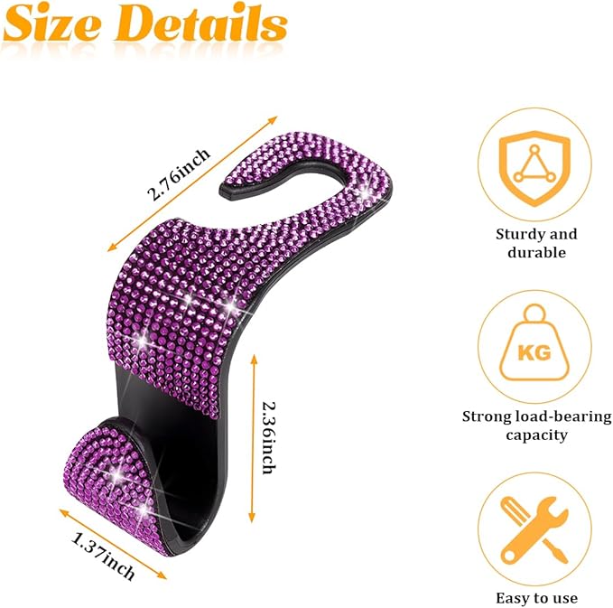 4PCS Bling Car Seat Headrest Hooks, Crystal Rhinestone Vehicle Purse Handbag Coat Hangers Holder, Automotive Interior Storage Organizer Accessories for Women Girls, Universal Fit (Purple)