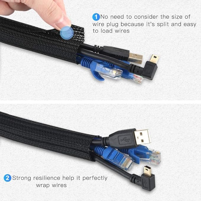 AGPTEK Cable Sleeve, 6.6ft - 2/3 inch Cable Management Desk Cord Cover Organizer Wire Hider for Home Office Computer TV Wire Loom Tubing Pet Proof Cord Protector from Cat Dog Chewing, Black