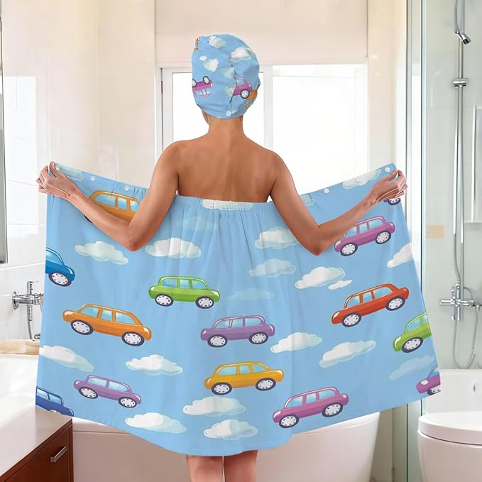 Women Bath Wrap Hair Towel Drying Cap Set Colored Cute Cars Clauds Soft Absorbent Bathrobe Shower Wraps with Adjustable Closure Spa Bath Robe