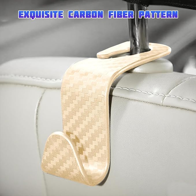 Car Seat Headrest Hooks, 4PCS Carbon Fiber Vehicle Back Seat Storage Hanger Holder for Hangbag Coat Grocery, Automotive Interior Headrest Hook Organizer, Universal for Vehicles (Beige)